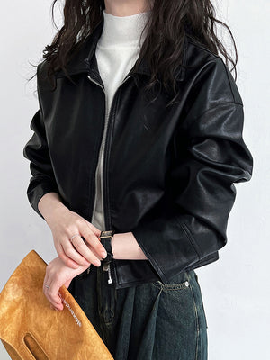 Black Short PU Leather Jacket Women