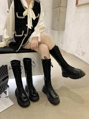 Black Wedge Lace Up Boots