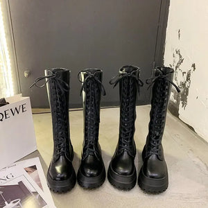 Black Wedge Lace Up Boots