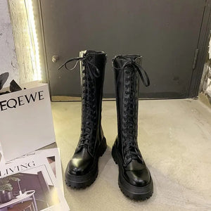 Black Wedge Lace Up Boots