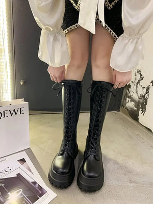 Black Wedge Lace Up Boots