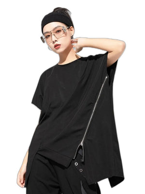 Black Zipper T-shirt Women Short Sleeve - product view on white background