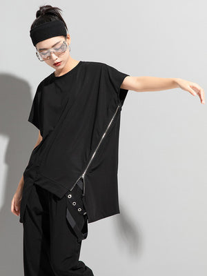 Black Zipper T-shirt Women Short Sleeve