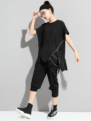 Black Zipper T-shirt Women Short Sleeve