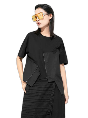 Black Zippper Casual T-shirt Women's - product view on white background
