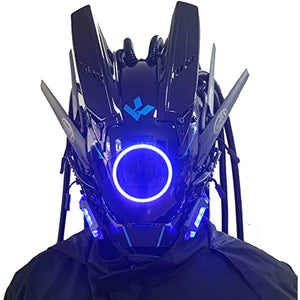 Blue lit cyberpunk mask with a ring eye and tube dreadlocks
