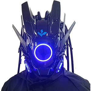 Blue lit cyberpunk mask with a ring eye and tube dreadlocks