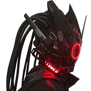 Blue lit cyberpunk mask with a ring eye and tube dreadlocks
