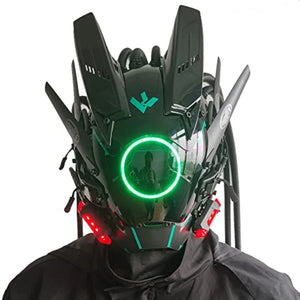 Blue lit cyberpunk mask with a ring eye and tube dreadlocks