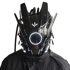 Blue lit cyberpunk mask with a ring eye and tube dreadlocks