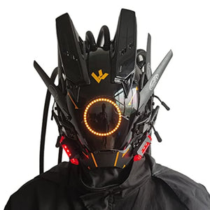Blue lit cyberpunk mask with a ring eye and tube dreadlocks