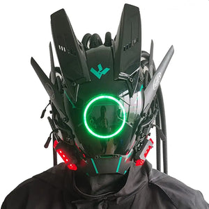 Blue lit cyberpunk mask with a ring eye and tube dreadlocks