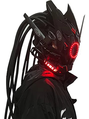 Blue lit cyberpunk mask with a ring eye and tube dreadlocks