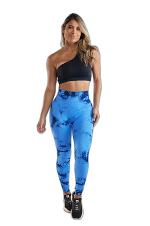 Blue Tie-Dye Scrunch Butt Leggings - product view on white background