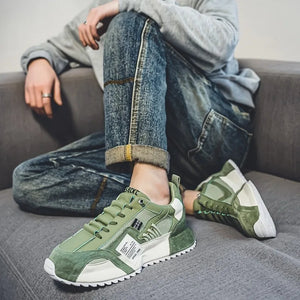 Breathable mesh techwear sneakers in green, three quarter front view