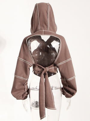 Brown Cut-out Women Hoodie
