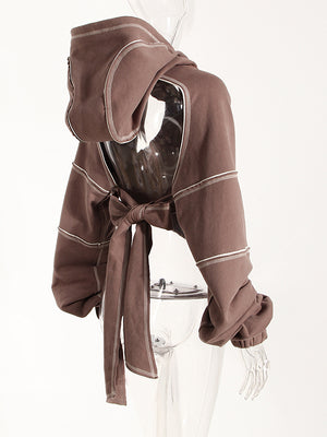 Brown Cut-out Women Hoodie
