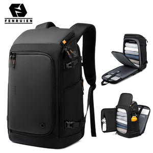Black business backpack with a structured shell body and side water bottle pocket