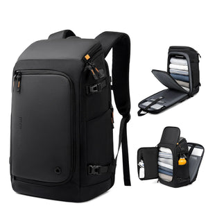 Black business backpack with a structured shell body and side water bottle pocket
