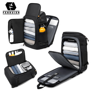 Black business backpack with a structured shell body and side water bottle pocket