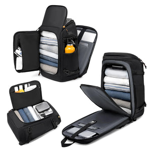 Black business backpack with a structured shell body and side water bottle pocket