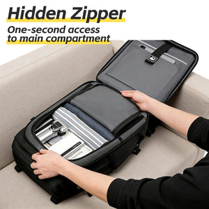 Black business backpack with a structured shell body and side water bottle pocket