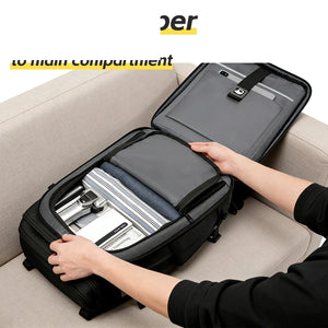 Black business backpack with a structured shell body and side water bottle pocket