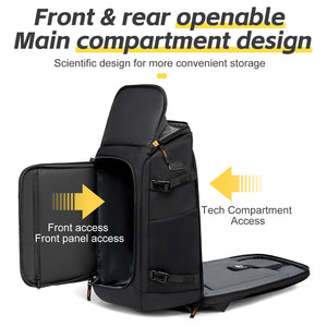 Black business backpack with a structured shell body and side water bottle pocket