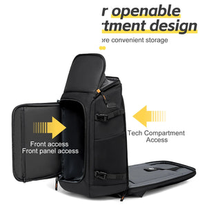 Black business backpack with a structured shell body and side water bottle pocket