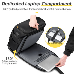 Black business backpack with a structured shell body and side water bottle pocket