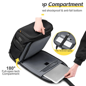 Black business backpack with a structured shell body and side water bottle pocket