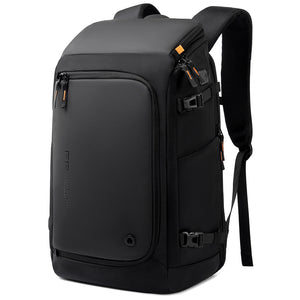 Black business backpack with a structured shell body and side water bottle pocket
