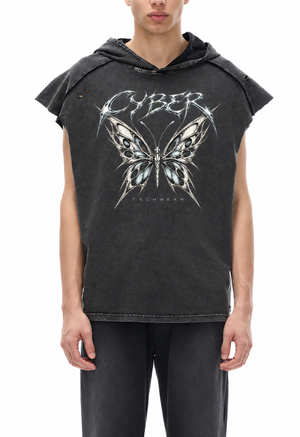 Man wearing the Butterfly Sleeveless Hoodie Y2K from the front, chrome butterfly and CYBER print