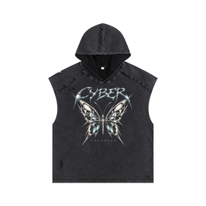 Butterfly Sleeveless Hoodie Y2K laid flat, hood up, chrome butterfly printed on washed black cotton