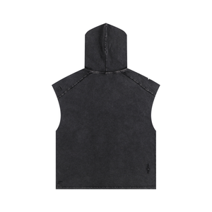 Back of the Butterfly Sleeveless Hoodie Y2K laid flat, plain washed black with the hood and raw shoulders