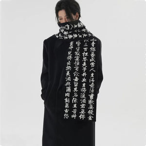 Black and white calligraphy techwear scarf in faux fur