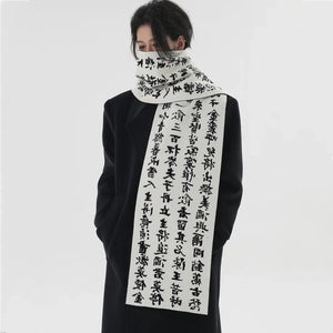 Black and white calligraphy techwear scarf in faux fur