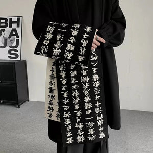Black and white calligraphy techwear scarf in faux fur
