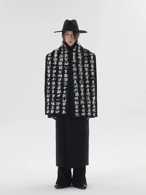 Black and white calligraphy techwear scarf in faux fur