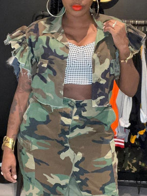 Camo Butterfly Sleeve Jacket Women Spring