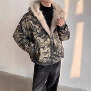 Y2K-jakke med camo og pelshætte