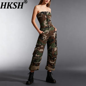 Camouflage strapless jumpsuit with cargo pockets and a cinched waist