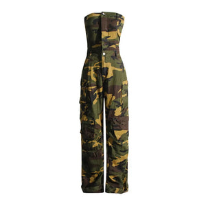 Camouflage strapless jumpsuit with cargo pockets and a cinched waist