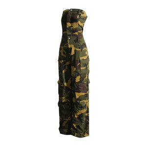 Camouflage strapless jumpsuit with cargo pockets and a cinched waist