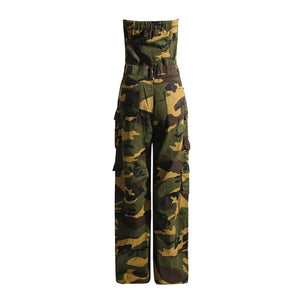 Camouflage strapless jumpsuit with cargo pockets and a cinched waist