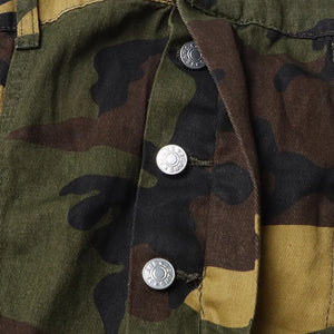 Camouflage strapless jumpsuit with cargo pockets and a cinched waist