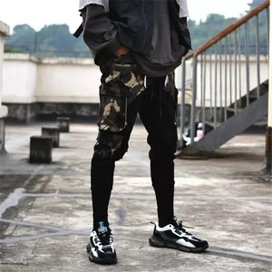 Black camouflage patchwork cargo pants in cotton
