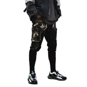 Black camouflage patchwork cargo pants in cotton
