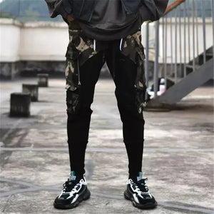 Black camouflage patchwork cargo pants in cotton