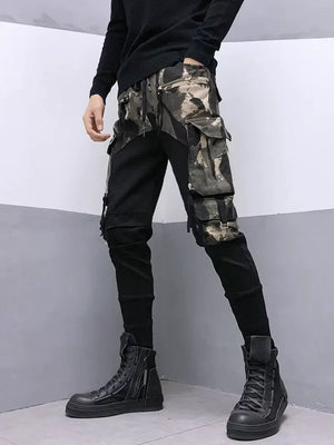 Black camouflage patchwork cargo pants in cotton